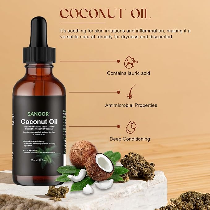SANOOR Coconut Oil for Hair & Skin | Cold-Pressed from Sri Lankan Coconuts | Deep Hair Conditioning, Skin Hydration | 100% Pure Natural, Vegan | Tropical Scent | 60ml