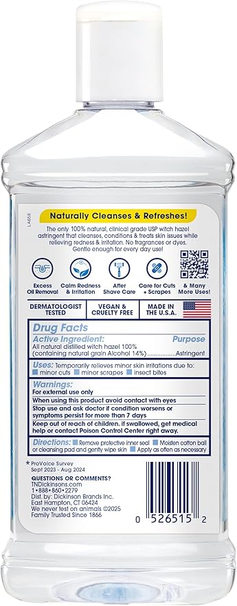 T.N. Dickinson's Witch Hazel 100% Natural Astringent | Pure Witch Hazel | Fragrance Free | Cleanses & Soothes Skin | For Face & Body | Clinical Grade | 8 Fl Oz