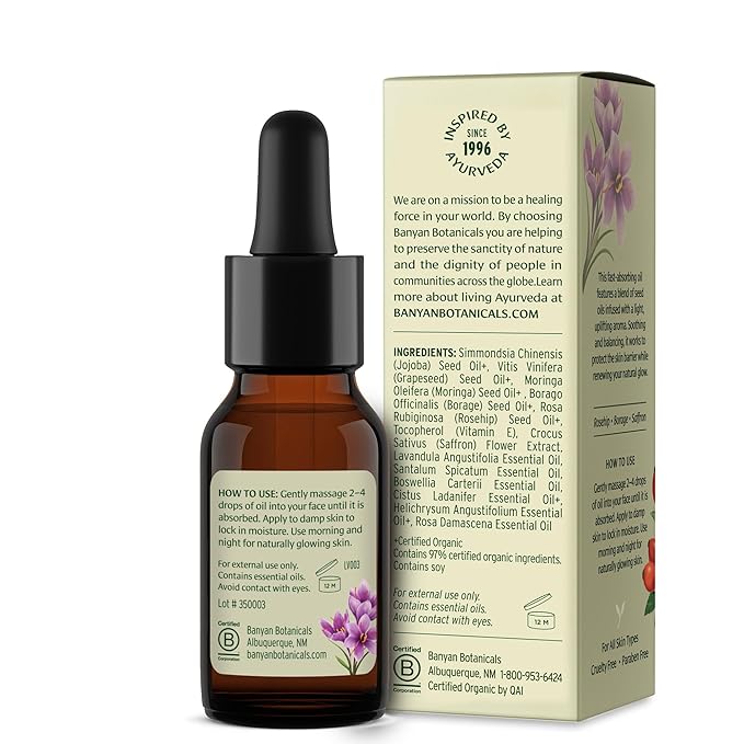 Banyan Botanicals Face Oil – Luxurious Ayurvedic Face Oil – Clean Skincare with Rosehip Oil and Jojoba Oil for Skin that Glows – 0.5 oz – Non-GMO, Cruelty Free, Paraben & Phthalate Free