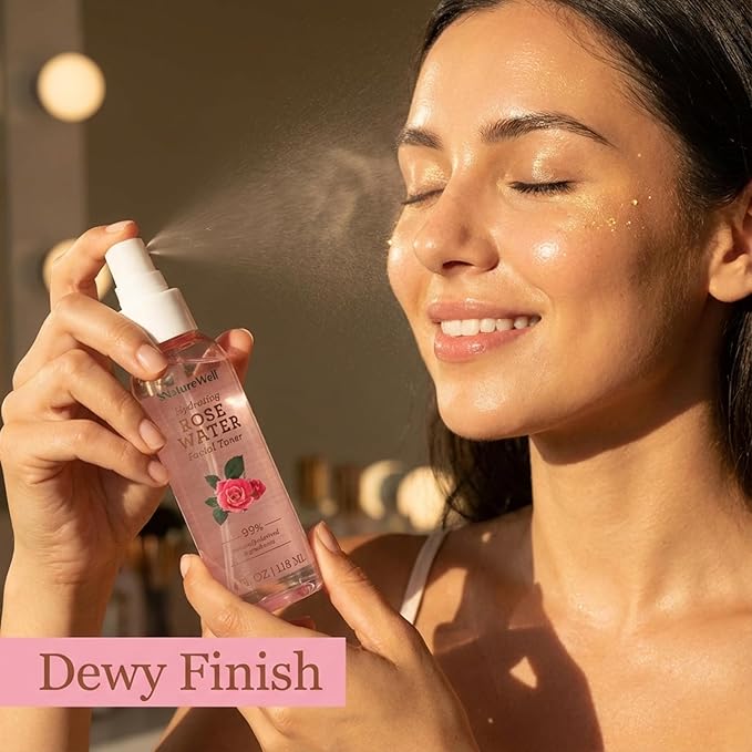 NATURE WELL Rose Water Hydrating Facial Toner Mist for Dewy & Radiant Skin, Refreshing, Conditioning, Soothing, Moisturizing, Perfect for Travel, 4 Fl Oz