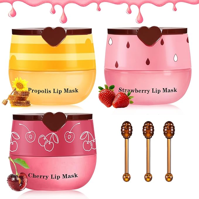 3PCS Bee Lip Balm Honey Pot Honey Strawberry Cherry Sleeping Lip Mask Silky Hydrating Bee Lip Balm Honey Lip Mask Overnight LipCare Products