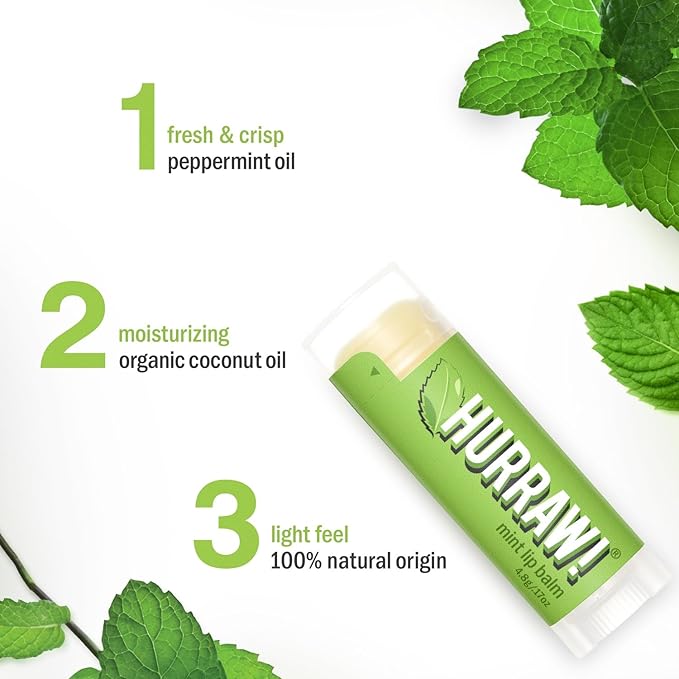 Hurraw! Mint Lip Balm: Organic, Certified Vegan, Cruelty and Gluten Free. Non-GMO, 100% Natural Ingredients. Bee, Shea, Soy and Palm Free. Made in USA