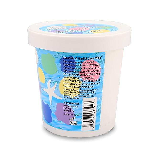 Primal Elements Sugar Whip Exfoliating Scrub Body and Face Cleanser for Silky Smooth Moisturize All Skin Types Seashells & Starfish 10 Ounce