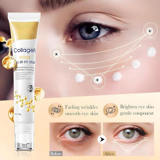Age Correcting Eye Cream, Anti-Aging Hyaluronic Acid, Collagen & Caffeine Reduce Wrinkles, Dark Circles & Under Eye Puffiness, Lift, Firm & Brighten Eyes, Ice Roller For Under Eye Bags And Puffy Eyes
