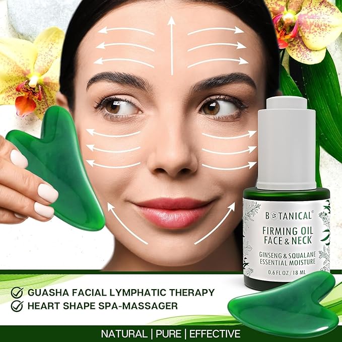 Botanical Essential Moisture Oil for Face & Neck Firming Serum | Anti-Wrinkle Ginseng & Squalane Serum w/Gua Sha Lift Scraper | Organic, Pure, Natural Skincare (0.6 fl oz | 18 ml)