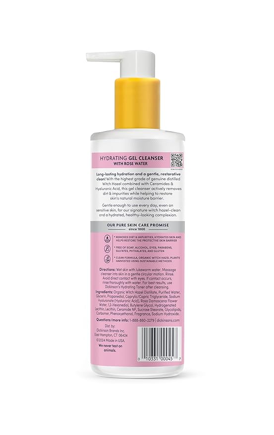 Dickinson's Original Witch Hazel Hydrating Gel Facial Cleanser with Rose Water, 12 Fl Oz, For Normal to Dry Skin, Hydrates and Nourishes Skin, Helps Calm Redness, Alcohol-Free Face Wash