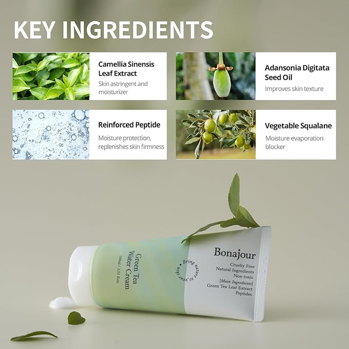 BONAJOUR] Green Tea Water Cream Vegan Moisturizing Facial Gel Cream for sensitive skin - Daily hydrating Water Bomb Moisturizer 3.38 Fl. oz -