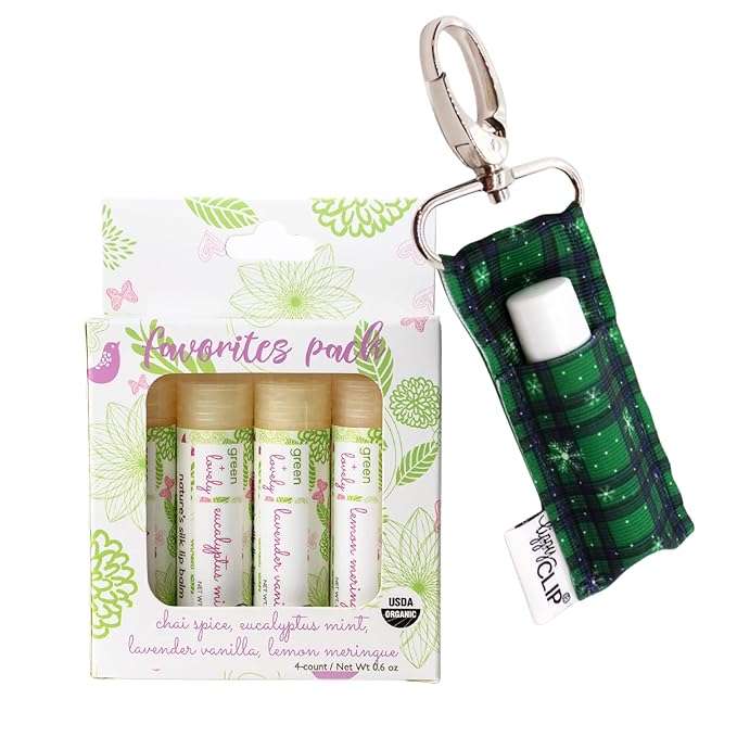 Nature's Silk Lip Balm, Organic (4-pack with Snowy Green Plaid Keychain)