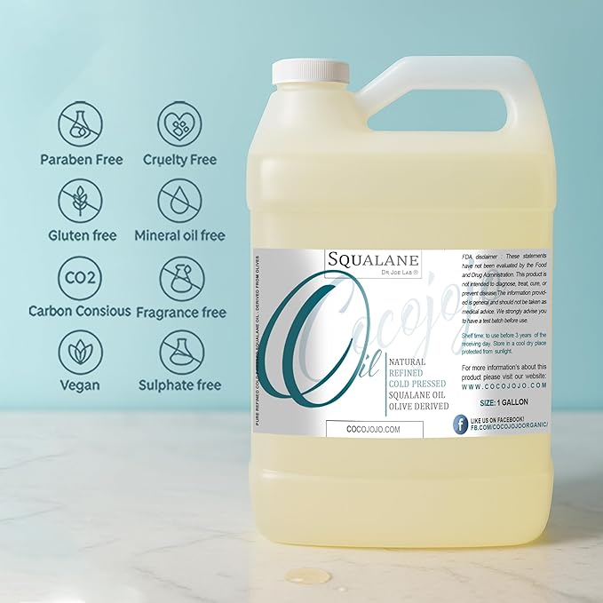 Dr Joe Lab Squalane Oil Pure Plant Derived Refined Cold Pressed From Olives Vegan Undiluted Carrier Oil for Face Skin Hair Body Cosmetics Natural Cleanser Moisturizer (128 oz / 1 Gallon)