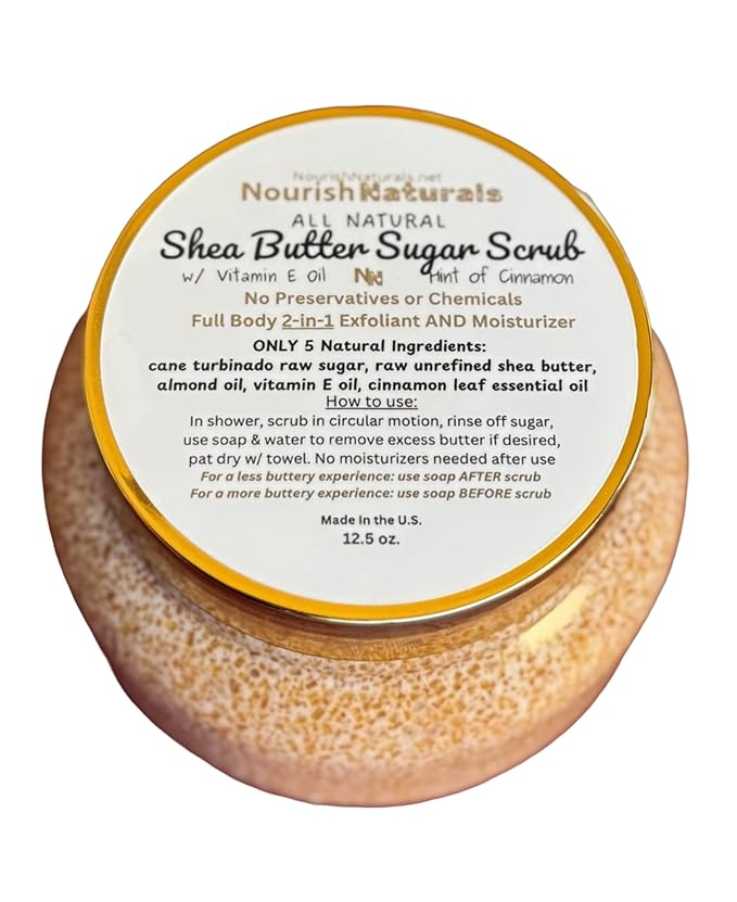 Shea Butter Sugar Scrub, 2-in-1 All Natural Full Body Exfoliant and Moisturizer, 5 Simple Ingredients for Full Body Care, Nontoxic, Winter Shower Scrub, Cinnamon Oil