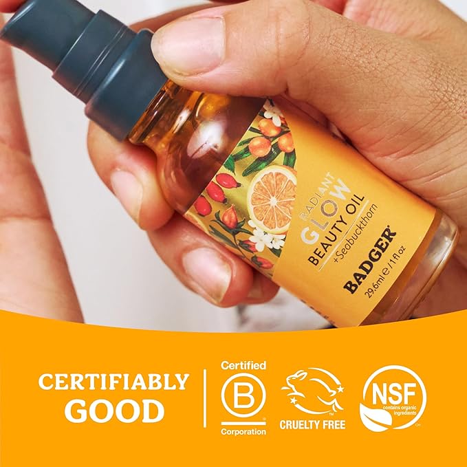 Badger Seabuckthorn Face Oil, Organic Face Moisturizer for Women & Men, Nourishing & Soothing Organic Jojoba, Baobab & Vitamin E Oil, Vegan Antioxidant Rich Facial Oil, 1 fl oz Glass Bottle