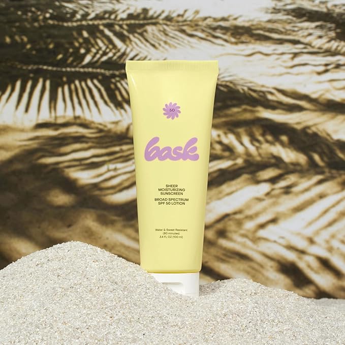 Bask Suncare SPF 50 Sheer Moisturizing Sunscreen Lotion - Broad Spectrum UVA/UVB Protection, Dermatologist Recommended, Hydrating, Lightweight & Non-Greasy, No White Cast, Travel Size, 3.4 fl oz