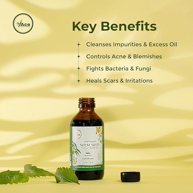 My Ace Neem Seed Carrier Oil | 100% Pure & Natural Cold Pressed Unrefined Neem Oil for Hair Growth, Skin & Face Care, Scalp Treatment, Body Massage & Aromatherapy – 4 fl oz