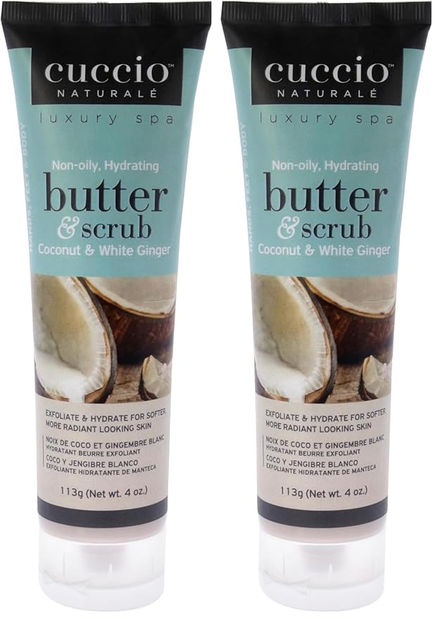 Cuccio Naturale Butter Scrub - Exfoliates And Hydrates - For Softer, Radiant Looking Skin - Infuses Moisture Into Dry Skin - Non-Oily 24 Hour Hydration - Creamy - Coconut And White Ginger - 4 Oz