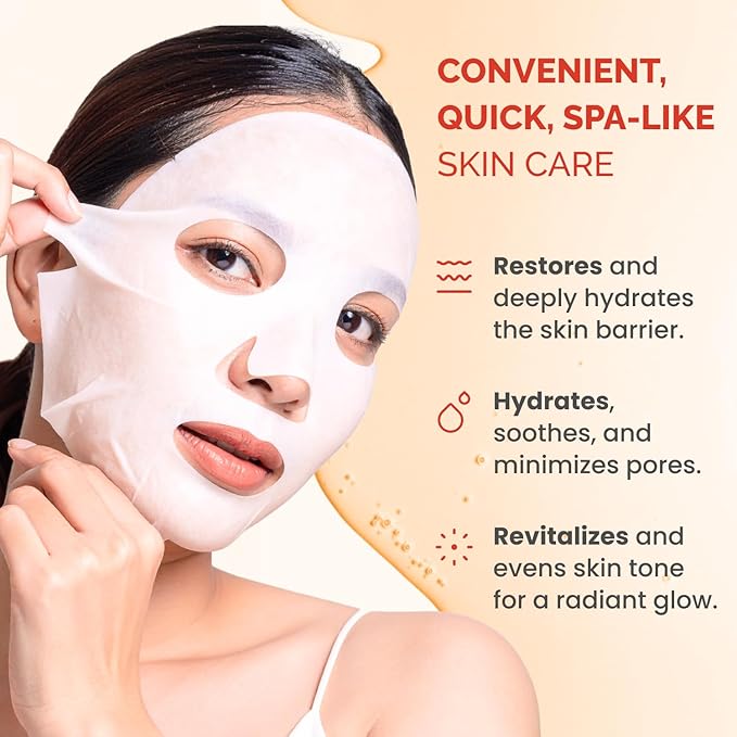 PLANTIFIQUE Korean Sheet Mask, 5 Pack - Glowing & Hydrating Face Masks with Peach Extract, Vitamin C & Hyaluronic Acid - Mascarillas Faciales