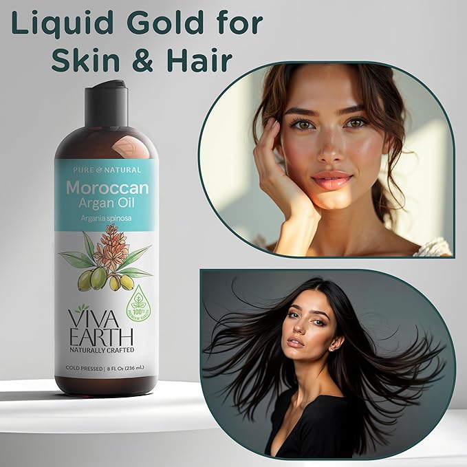 Argan Oil of Morocco – 100% Pure Cold Pressed Argan Oil for Hair, Face & Body – Lightweight Deep Moisturizing Oil for Dry, Damaged Hair & Skin – 8 Fl Oz – Aceite de Argan