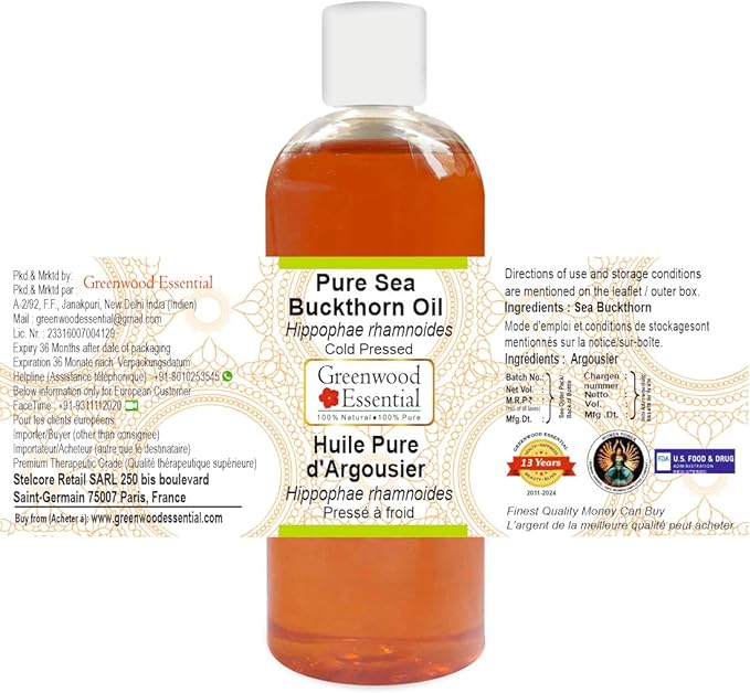 Greenwood Essential Pure Sea Buckthorn Oil (Hippophae rhamnoides) Cold Pressed 200ml (6.76 oz)