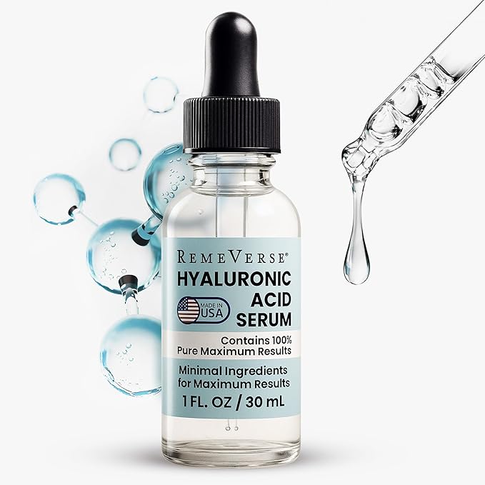 RemeVerse Hyaluronic Acid Serum - 100% Pure Formulation for Face, Lips & Décolleté - Intense Moisture for Dry Skin & Fine Lines - Wrinkle-Reducing Formula for a Youthful & Plump Appearance, 1 oz