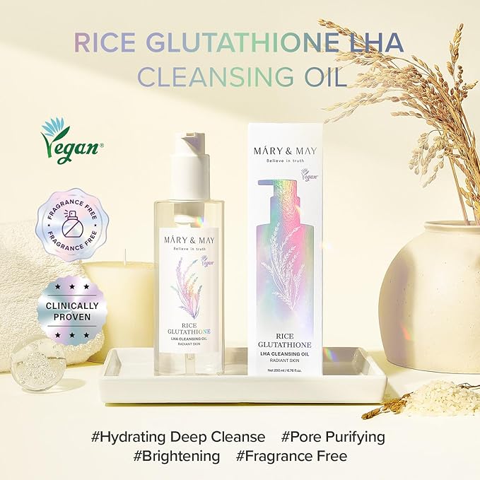 Mary&May Rice + Glutathione LHA Cleansing Oil – Korean Oil Cleanser for Blackheads & Pores, Waterproof Makeup & Sunscreen Remover, Oil-to-Milk Emulsifying, Exfoliation for Sensitive Skin 6.76 fl oz