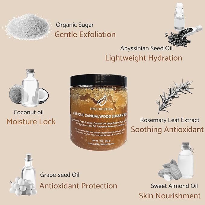 Sandalwood Sugar Body Scrub – Exfoliating & Moisturizing Scrub with Premium Oils & Fair-Trade Sugar – Body, Hand & Foot Scrub – Vegan & Natural Skincare – 10 oz Jar – Made in USA