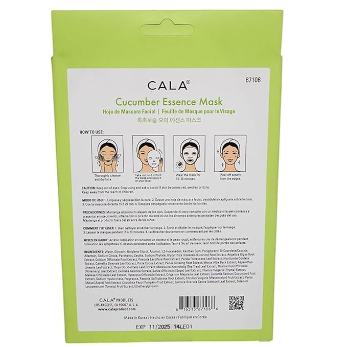 Cala Cucumber Essence Facial Sheet Masks, 5 Pack - Ultra-Thin Hydrating Face Mask Sheets with Cucumber + Watermelon Extract, Sodium Hyaluronate, No Rinse, For Dry/Dull Skin