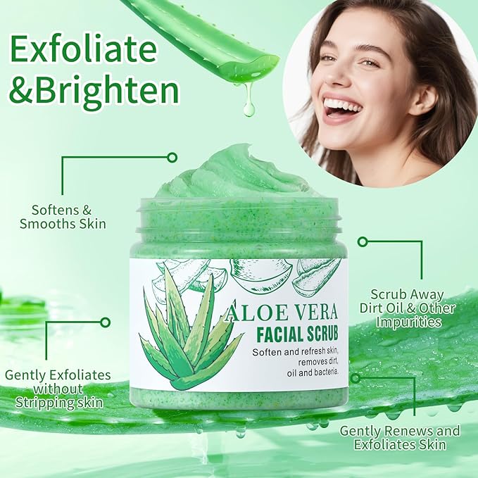 Facial Scrub & Face Exfoliator, Aloe Vera Exfoliating Facial Scrub & Cleanser for Smooth Skin, Face Exfoliator Gentle Pore Refining for Refresh Skin