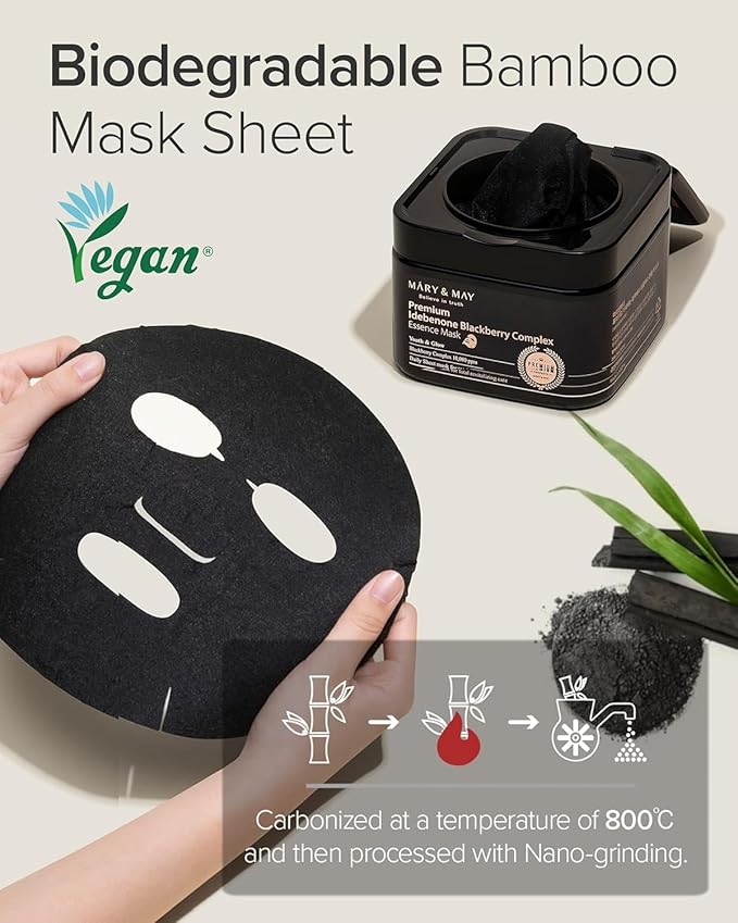 Mary&May Premium Idebenone Blackberry Complex Essence Mask (20 Sheets) – Bamboo Charcoal Sheet, Daily Pull-Out Dispenser Korean Face Mask with Vitamin C, Panthenol & Ceramide for Hydrating Radiance
