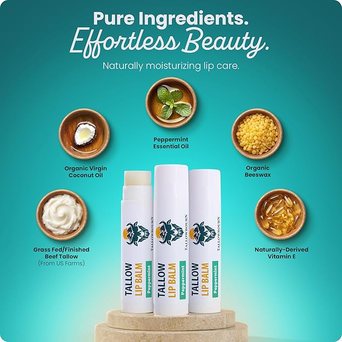 Moisturizing Tallow Lip Balm – Grass-Fed Beef Tallow with Organic Coconut Oil, Beeswax, and Vitamin E – Peppermint – Lip Balm Set – Travel Essential – 3-Pack