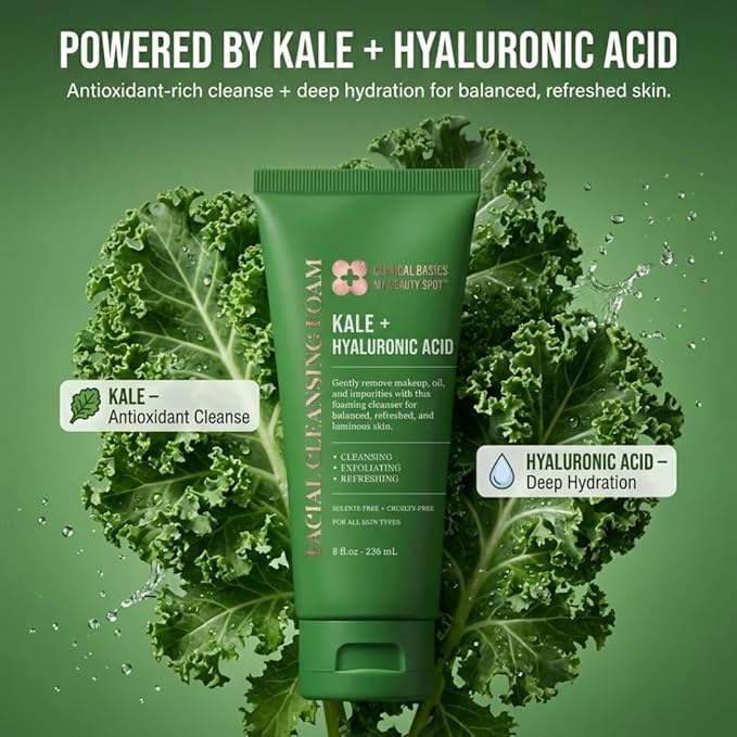 My Beauty Spot Kale + Hyaluronic Acid Facial Cleansing Foam, Gentle Face Wash for Hydrating & Refreshing Skin, 8 oz