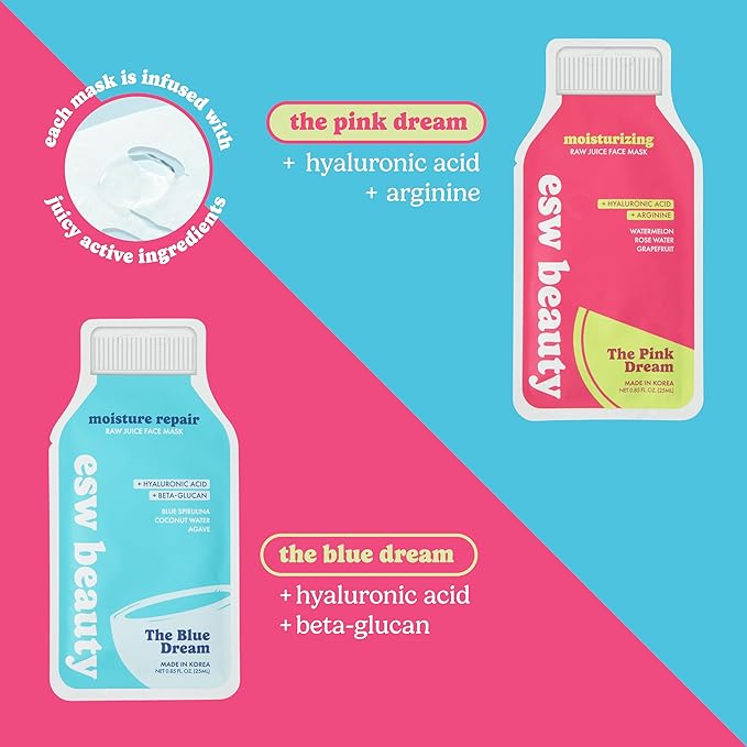 ESW Beauty Hydrating Face Masks - 2-Pack Raw Juice Sheet Mask Set - Moisture Repair & Radiance Skincare Set - Includes The Pink Dream & Blue Dream