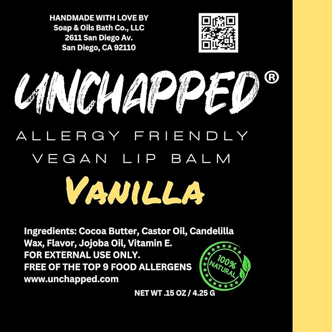 Vegan Lip Balm - All Natural and Free of Beeswax, Soy, Nut, and Top 9 Food Allergens (Vanilla)