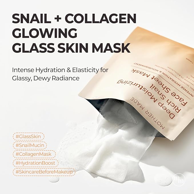 MOTHER MADE Glowing Glass Skin Hydrating Snail Deep Collagen Face Masks Set of 20 EA, with Niacinamide 2%, Vitamin E, Facial Mask for Dry, Sensitive Skin, Self Care, Korean Skincare