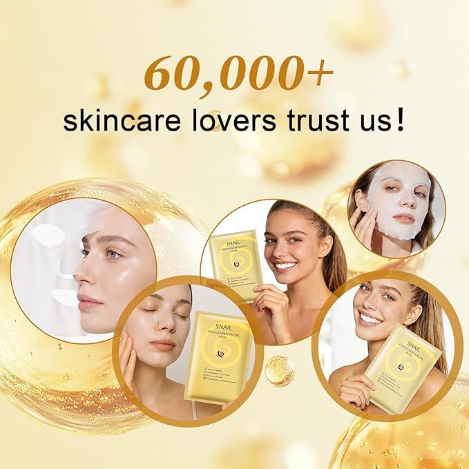 Snail Mucin Mask, Pack of 10 Snail Mucin Sheet Masks, Deep Hydrating Face Mask for All Skin Types, Moisturizing, Strengthen Skin Barrier, Relieve Dryness