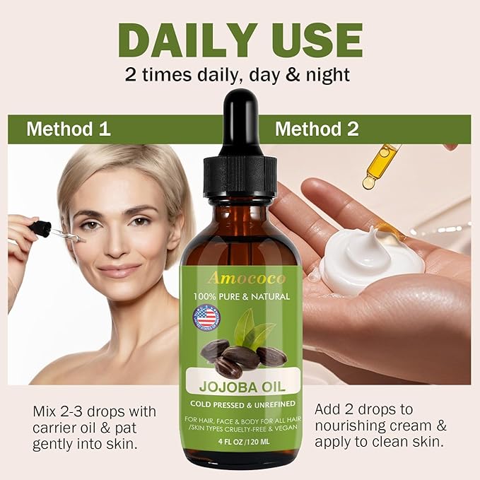 Natural Jojoba Oil for Hair&Skin, Cold Pressed, Unrefined Deeply Moisturizing Body Carrier Oils for Essential Oils Mixing, 4fl oz