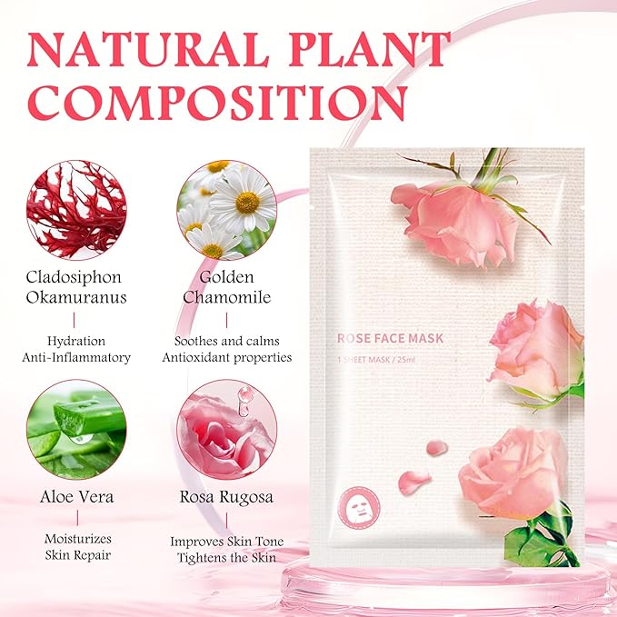 Hydrating Facial Masks Skincare for Women,Pink Rose Face Mask Sheet Skincare, Moisturizing Face Mask for All Skin Types (10-Packs)