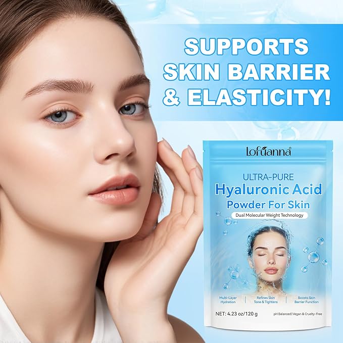 Hyaluronic Acid Powder 100% Pure, Hyaluronic Acid Serum Powder for Skin & Face, Dual Molecular Weight, Deep Hydration & Anti-Aging, DIY Serum Ingredient, Vegan Fragrance-Free(4.23oz/120g)