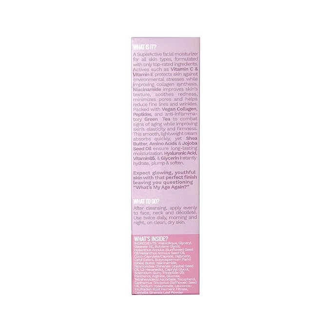 What’s My Age Again? SuperActive Facial Moisturizer | Daily Hydrating Face Moisturizer with Hyaluronic Acid, Niacinamide, Glycerin, Peptides, Vitamins B5, C & E | Clean, Vegan, Sustainable & Cruelty-Free | EWG Verified | Fragrance Free | All Skin Types...