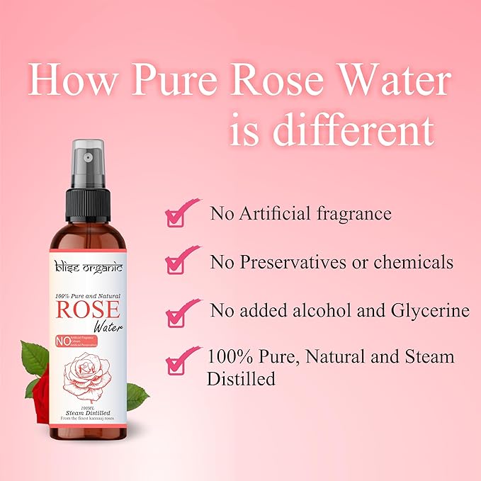 Blise organic Rose Water -100% Pure, Natural and Organic, Free from Preservatives, Steam distilled from finest rose petals, Alcohol-Free, Vegan & Cruelty Free