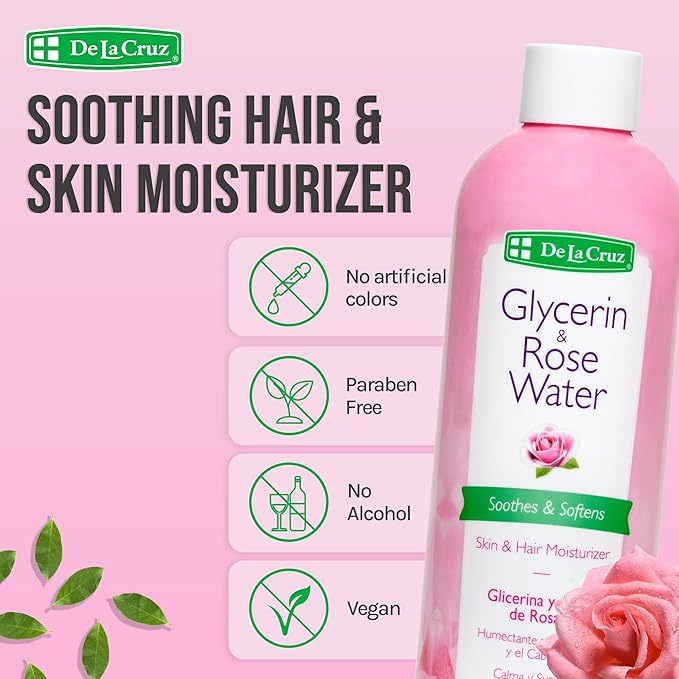 De La Cruz Rose Water and Glycerin for Face - Rosewater Facial Toner and Moisturizer for Skin and Hair 8 fl oz (236 mL) - 4 Bottles