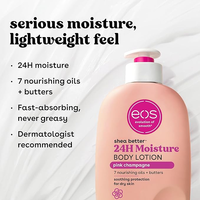 eos Shea Better Body Lotion Pink Champagne, 24-Hour Moisture Skin Care, Lightweight & Non-Greasy, Natural Shea, Vegan, 16 fl oz