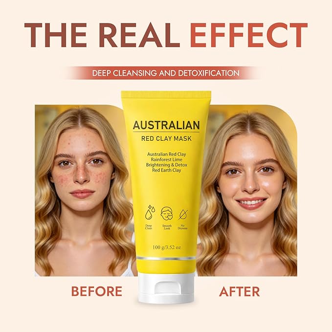 Australian Red Clay Face Mask - Deep Cleansing Detox Mud Mask with Kakadu Plum & Desert Lime - Pore Minimizing Natural Clay Mask for All Skin Types - 3.52 oz
