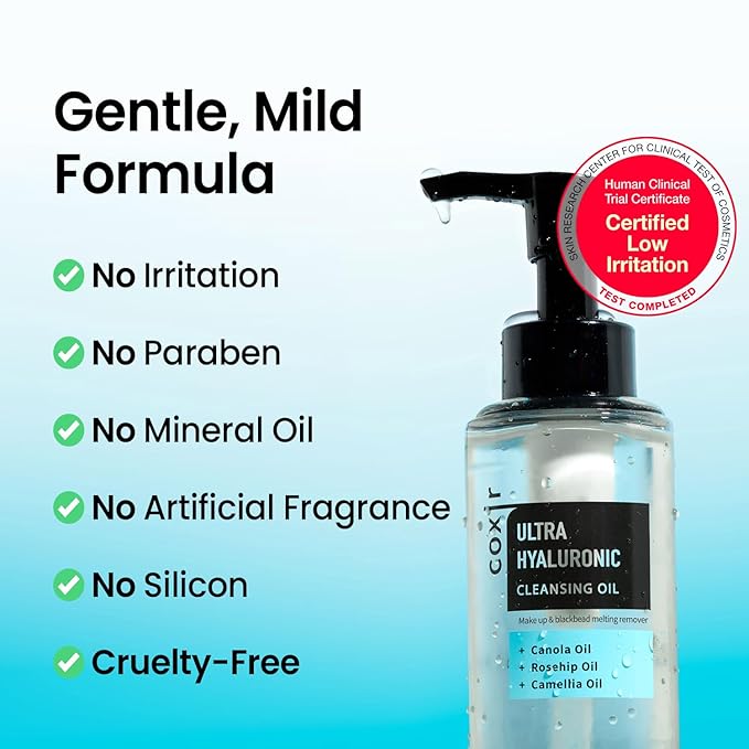 coxir Ultra Hyaluronic Cleansing Oil - Gentle Korean Oil Cleanser for Makeup, Blackheads & Pore Care, Multi-Layer Hyaluronic Acid, Vegan Formula for All Skin Types, Non-Comedogenic, 5.07 fl oz