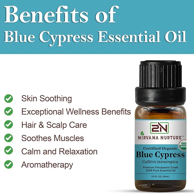 Blue Cypress Essential Oil, USDA Certified Organic, 100% Pure Undiluted, Aromatherapy Oil for Diffuser, Hair & Skin Care