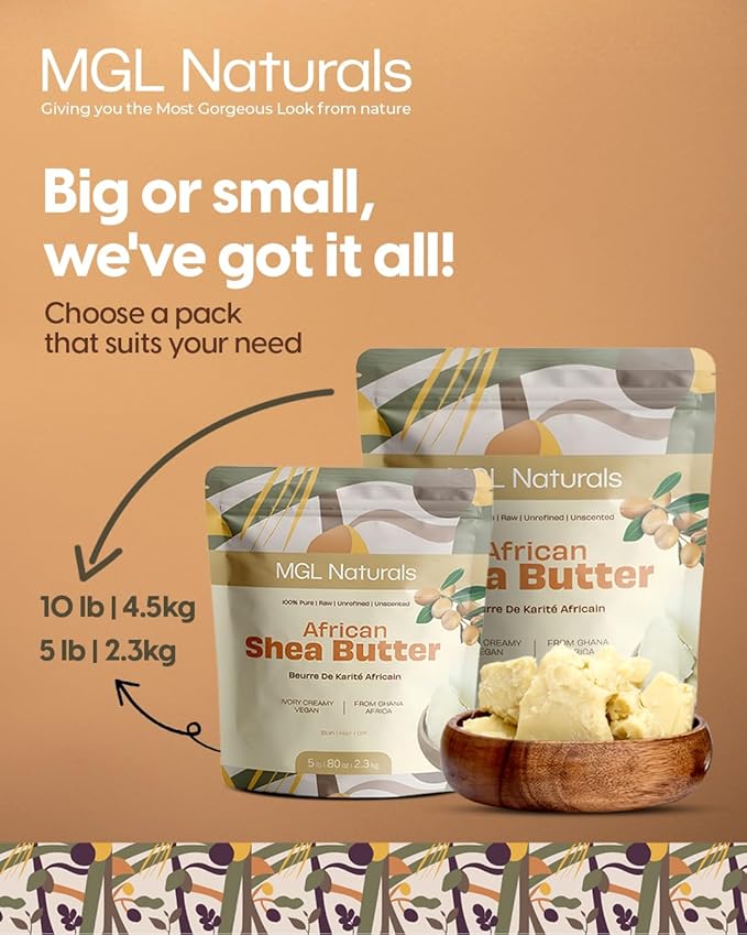 MGL Naturals Raw African Shea Butter Ivory 5 lb, 100% Pure and Unrefined. Nourish and moisturize skin and hair. Use alone or DIY recipes. From Ghana (5 lb)