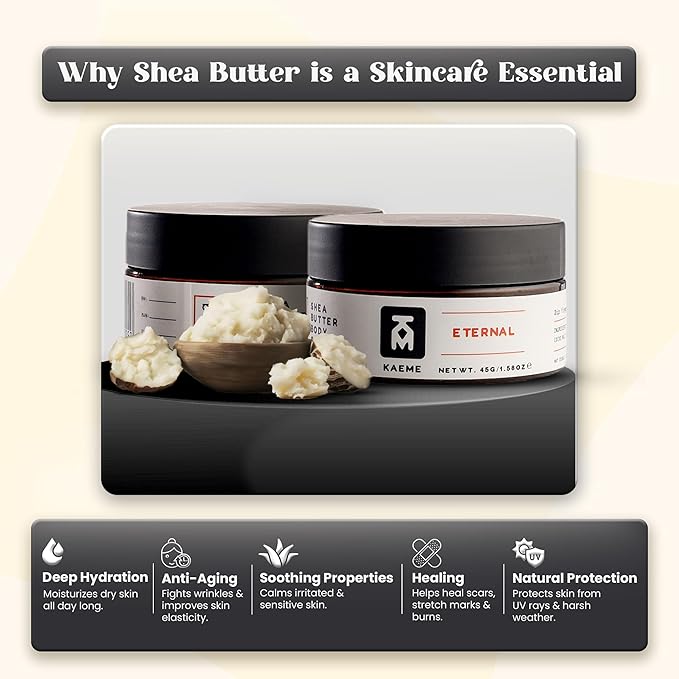 Kaeme.com Eternal Non-Greasy Whipped Shea Body Butter For Face, Body, Hair-Made With 100% Organic Raw Unrefined Shea & Coconut Oil, Deep Hydration for Dry, Sensitive Skin, Eczema Relief-3.4oz/100g Jar