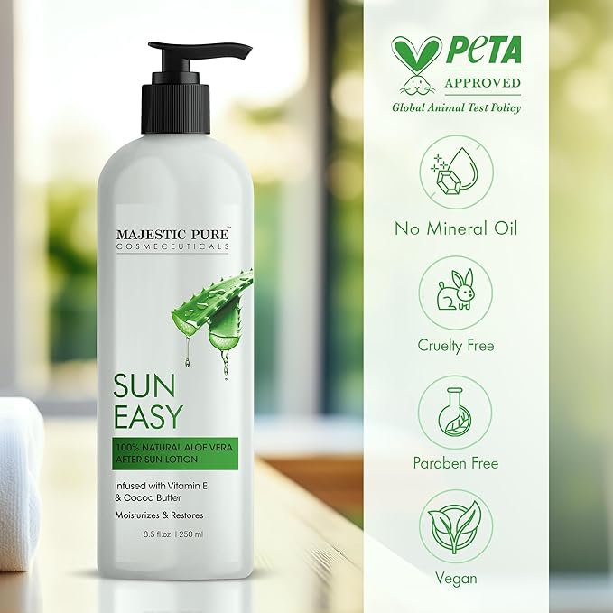 Majestic Pure Sun Easy Lotion with Vitamin E & Cocoa Butter | Nourishing & Moisturizing | Quick Absorbing, Lightweight & Non Greasy | For All Skin Types | For Women & Men | 8.5 Fl Oz
