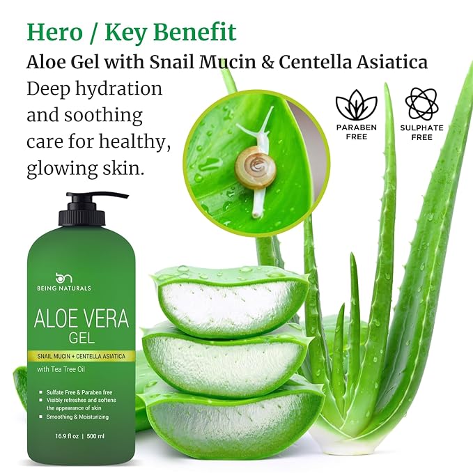 Being Naturals Aloe vera Gel - from 100% Pure Organic Aloe Infused with Snail Mucin/Centella Asiatica - Natural Raw Moisturizer for Face, Body, Hair. Perfect for Sunburn, Acne, Razor Bumps 16.9 fl oz