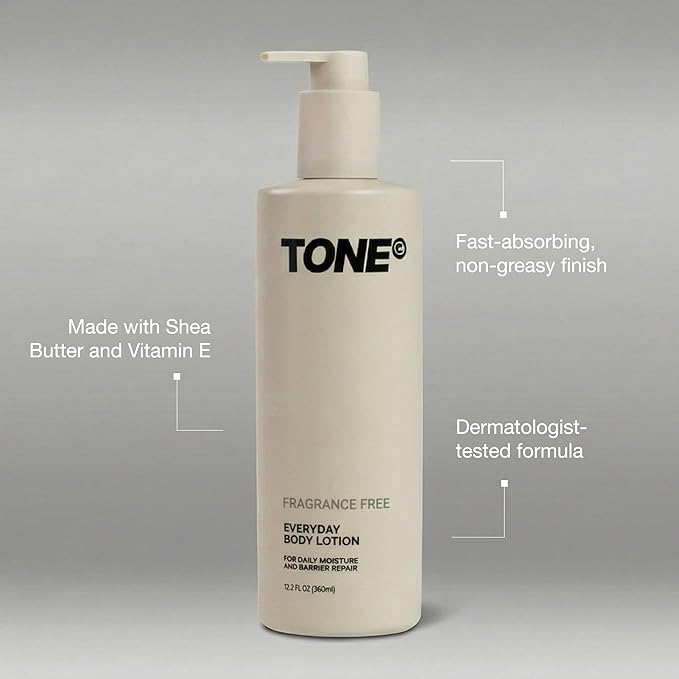 TONE Everyday Body Lotion, 12.2 Oz, Fragrance Free, Fast Absorbing & Hydrating Body Lotion for All Skin Types Made with Shea Butter and Vitamin E for Soft Skin, Paraben-Free
