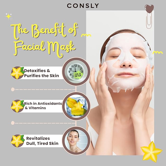 CONSLY_Carambola Detox Mask 10 Pack | Hydrating Korean Sheet Masks with Star Fruit Extract | Refreshing Self-Care for Healthy-Looking Skin | All Skin Types | 20ml Each
