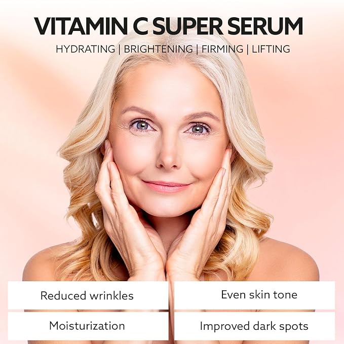 Super Vitamin C Serum for Women Over 70: Vitamin C Face Serum, Niacinamide, Bakuchiol, Hyaluronic Acid, Hydrating, Lifting, Reduces Aging Spots and Wrinkles - Korean Skin Care, 1 fl oz